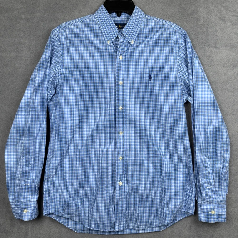 Ralph Lauren Mens Plaid Button Down Shirt Long Sleeve Blue White Size M Pony